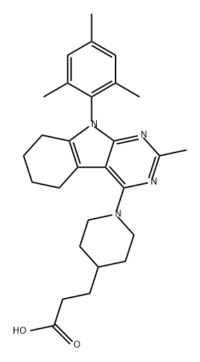 4-Piperidinepropanoic acid, 1-[6,7,8,9-tetrahydro-2-methyl-9-(2,4,6-trimethylphenyl)-5H-pyrimido[4,5-b]indol-4-yl]-,872865-90-2,结构式