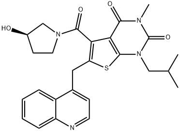 Thieno[2,3-d]pyrimidine-2,4(1H,3H)-dione, 5-[[(3R)-3-hydroxy-1-pyrrolidinyl]carbonyl]-3-methyl-1-(2-methylpropyl)-6-(4-quinolinylmethyl)- Structure