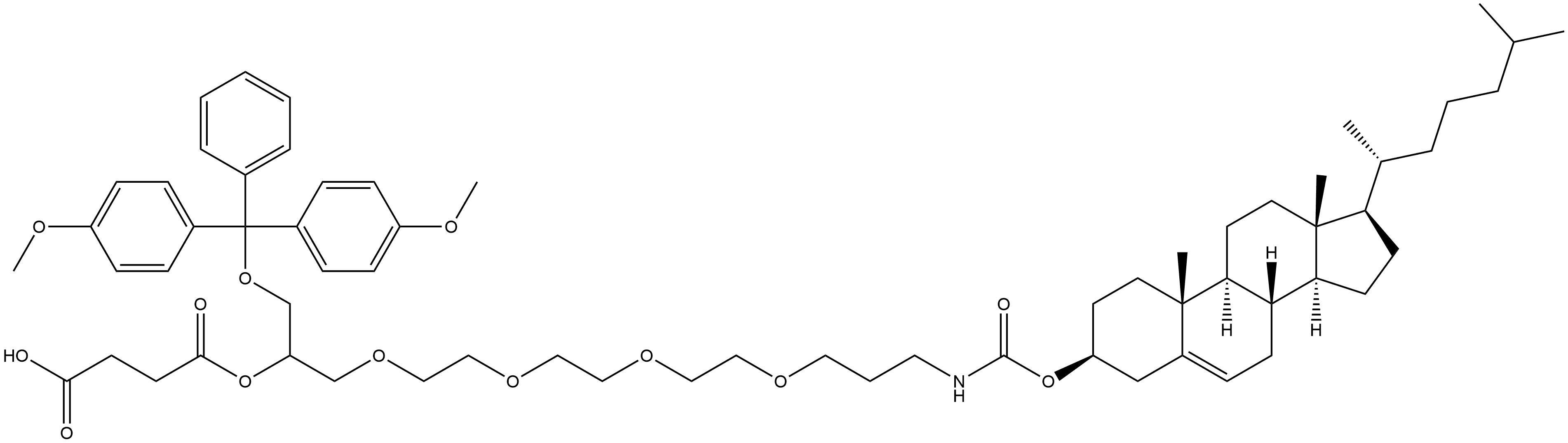 Cholest-5-en-3-ol (3β)-, 3-(22-hydrogen 17-[[bis(4-methoxyphenyl)phenylmethoxy]methyl]-19-oxo-6,9,12,15,18-pentaoxa-2-azadocosanedioate) Structure