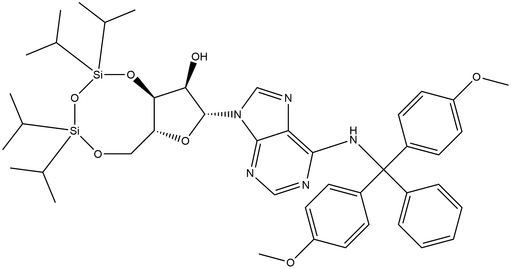 Adenosine, N-[bis(4-methoxyphenyl)phenylmethyl]-3',5'-O-[1,1,3,3-tetrakis(1-methylethyl)-1,3-disiloxanediyl]- Struktur
