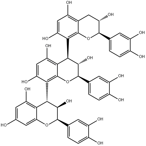 [4,8':4',8''-Ter-2H-1-benzopyran]-3,3',3'',5,5',5'',7,7',7''-nonol, 2,2',2''-tris(3,4-dihydroxyphenyl)-3,3',3'',4,4',4''-hexahydro-, (2R,2'R,2''R,3R,3'S,3''S,4R,4'R)- Structure