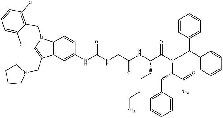 L-Phenylalaninamide, N-[[[1-[(2,6-dichlorophenyl)methyl]-3-(1-pyrrolidinylmethyl)-1H-indol-5-yl]amino]carbonyl]glycyl-L-lysyl-N-(diphenylmethyl)- Struktur