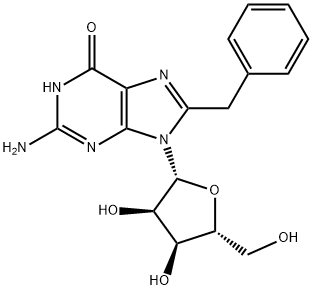 2-Amino-8-benzyl-9-((2R,3R,4S,5R)-3,4-dihydroxy-5-(hydroxymethyl)tetrahydrofuran-2-yl)-1H-purin-6(9H)-one Struktur
