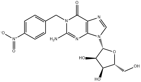 2-Amino-9-((2R,3R,4S,5R)-3,4-dihydroxy-5-(hydroxymethyl)tetrahydrofuran-2-yl)-1-(4-nitrobenzyl)-1H-purin-6(9H)-one Struktur