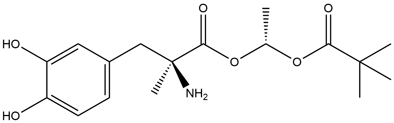 L-Tyrosine, 3-hydroxy-α-methyl-, 1-(2,2-dimethyl-1-oxopropoxy)ethyl ester, (R)- (9CI) 化学構造式