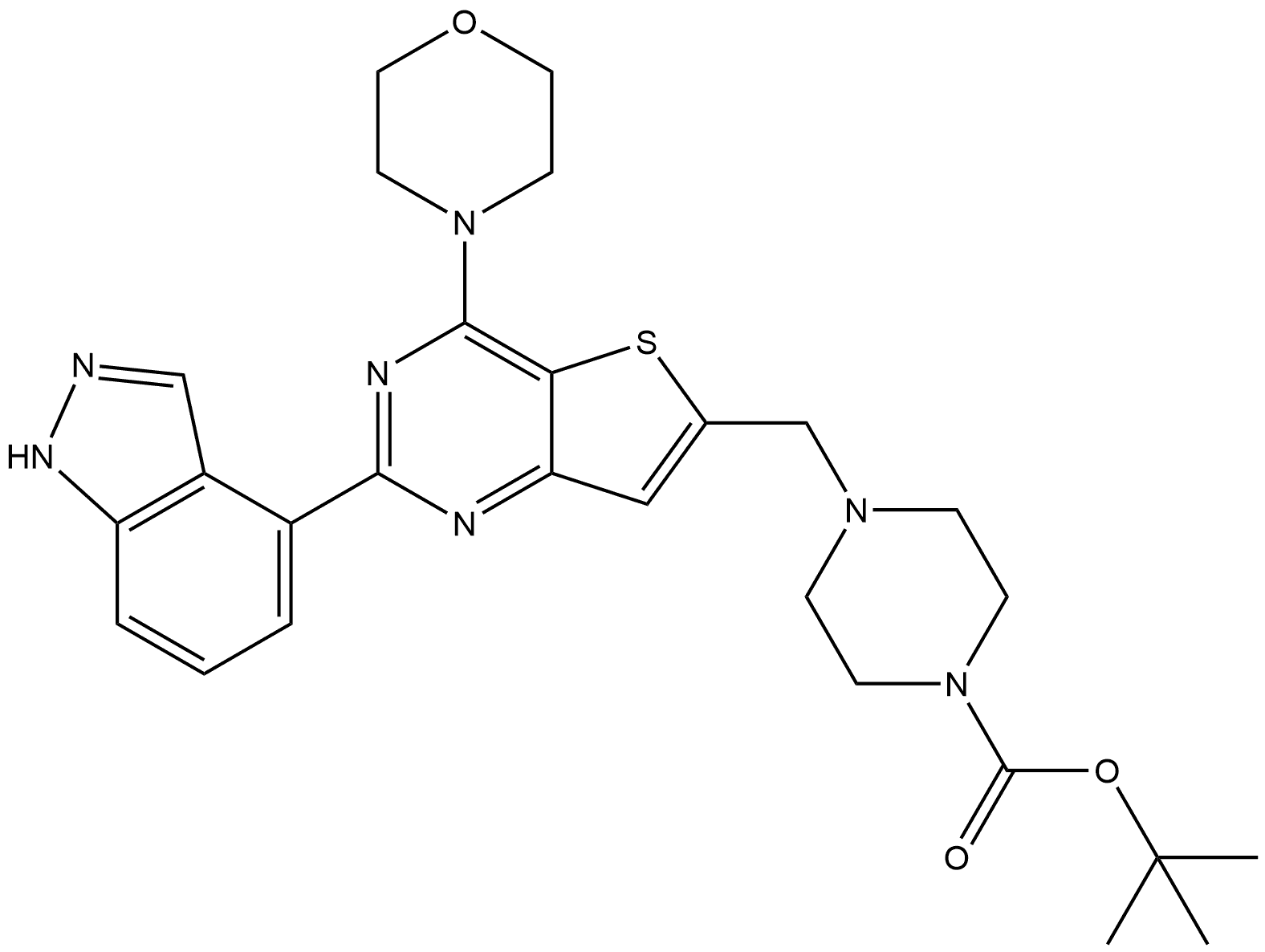 tert-butyl 4-((2-(1H-indazol-4-yl)-4-morpholinothieno[3,2-d]pyrimidin-6-yl)methyl)piperazine-1-carboxylate 结构式