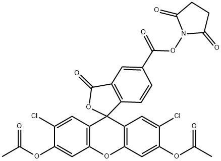 Spiro[isobenzofuran-1(3H),9'-[9H]xanthene]-5-carboxylic acid, 3',6'-bis(acetyloxy)-2',7'-dichloro-3-oxo-, 2,5-dioxo-1-pyrrolidinyl ester Structure