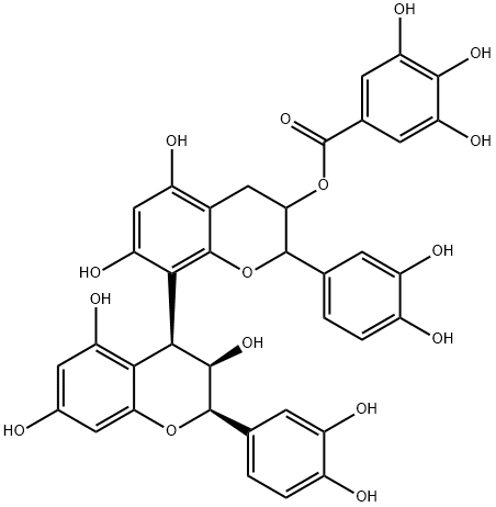 Benzoic acid, 3,4,5-trihydroxy-, (2R,2'R,3S,3'R,4S)-2,2'-bis(3,4-dihydroxyphenyl)-3,3',4,4'-tetrahydro-3,5,5',7,7'-pentahydroxy[4,8'-bi-2H-1-benzopyran]-3'-yl ester Structure
