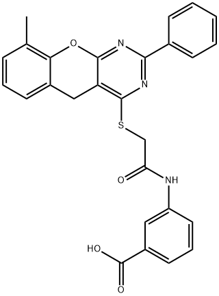 Benzoic acid, 3-[[2-[(9-methyl-2-phenyl-5H-[1]benzopyrano[2,3-d]pyrimidin-4-yl)thio]acetyl]amino]- Struktur