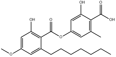 Benzoic acid, 2-heptyl-6-hydroxy-4-methoxy-, 4-carboxy-3-hydroxy-5-methylphenyl ester Struktur
