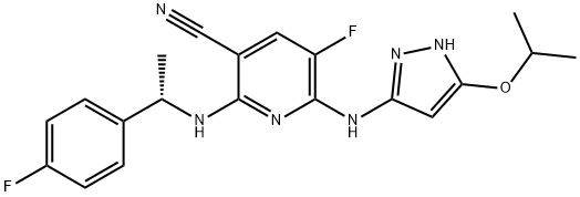 3-Pyridinecarbonitrile, 5-fluoro-2-[[(1S)-1-(4-fluorophenyl)ethyl]amino]-6-[[5-(1-methylethoxy)-1H-pyrazol-3-yl]amino]-|化合物 AZD-6918