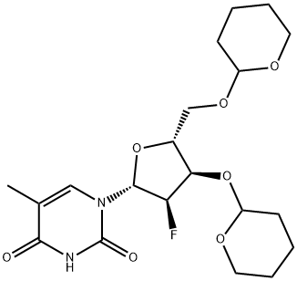 1-((2R,3R,4R,5R)-3-fluoro-4-((tetrahydro-2H-pyran-2-yl)oxy)-5-(((tetrahydro-2H-pyran-2-yl)oxy)methyl)tetrahydrofuran-2-yl)-5-methylpyrimidine-2,4(1H,3H)-dione Struktur