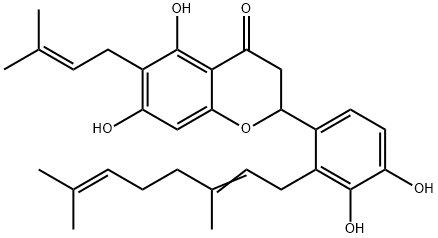 4H-1-Benzopyran-4-one, 2-[2-(3,7-dimethyl-2,6-octadien-1-yl)-3,4-dihydroxyphenyl]-2,3-dihydro-5,7-dihydroxy-6-(3-methyl-2-buten-1-yl)-,910618-99-4,结构式