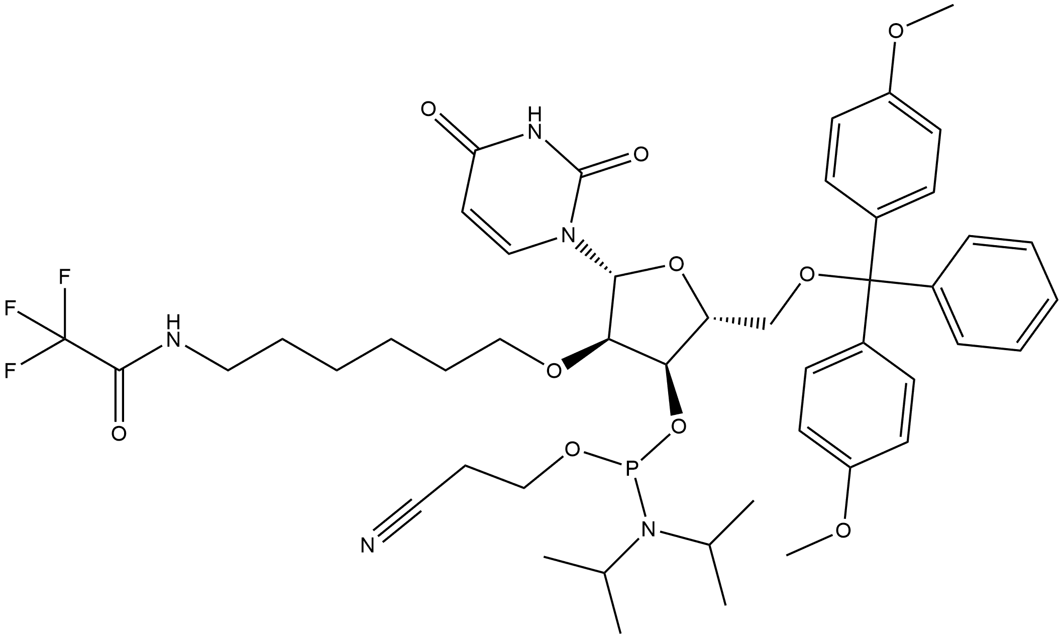 5'-O-(4,4'-dimethoxytrityl)-2'-O-(6-trifluoroacetamido)hexyluridine-3'-O-(2-cyanoethyl)-N,N-diisopropylphosphoramidite Structure