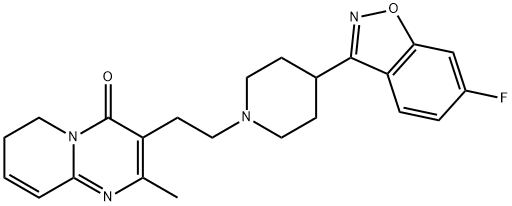 4H-Pyrido[1,2-a]pyrimidin-4-one, 3-[2-[4-(6-fluoro-1,2-benzisoxazol-3-yl)-1-piperidinyl]ethyl]-6,7-dihydro-2-methyl- 化学構造式