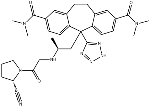 5H-Dibenzo[a,d]cycloheptene-2,8-dicarboxamide, 5-[(2S)-2-[[2-[(2S)-2-cyano-1-pyrrolidinyl]-2-oxoethyl]amino]propyl]-10,11-dihydro-N2,N2,N8,N8-tetramethyl-5-(2H-tetrazol-5-yl)- Struktur