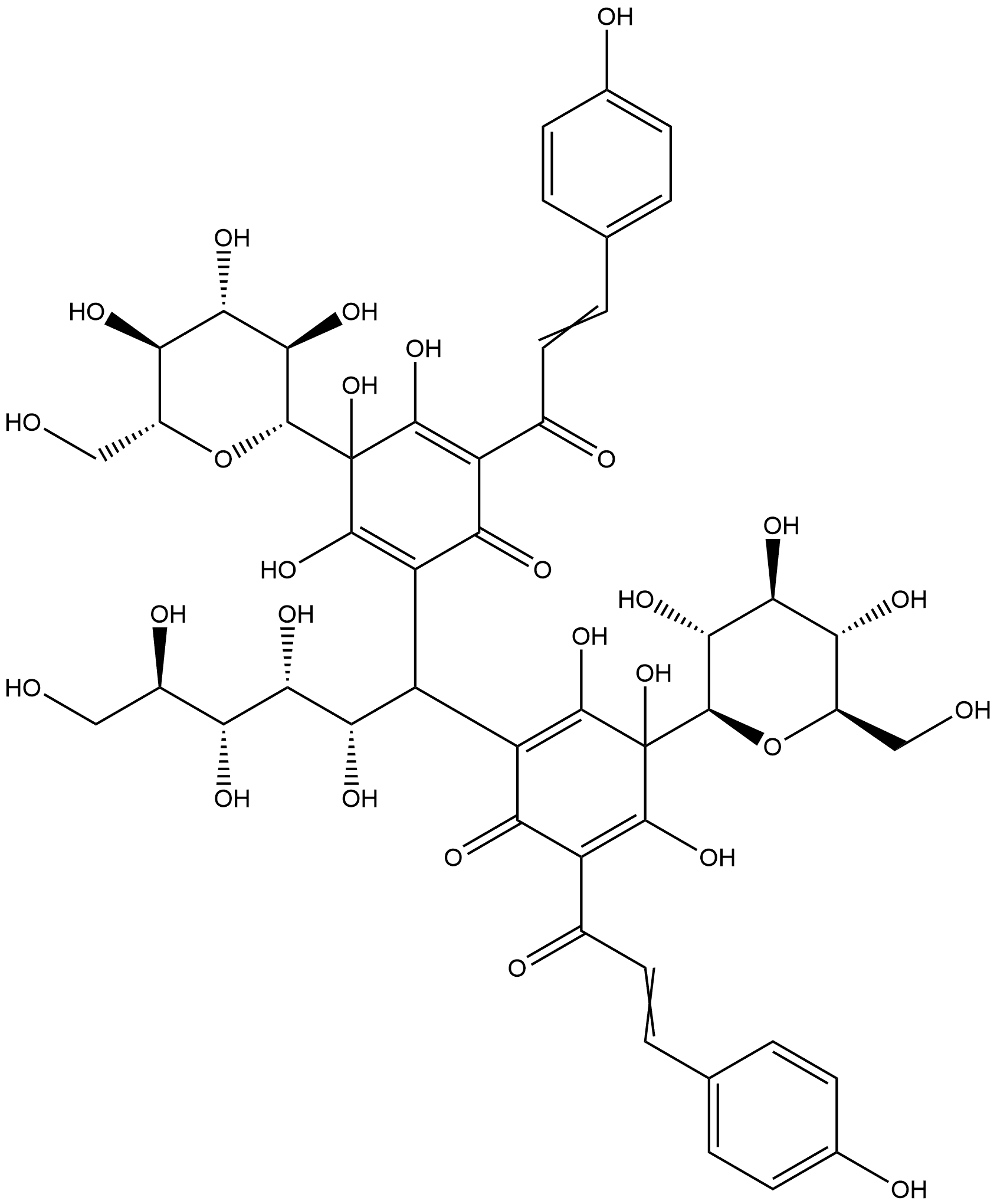 D-Glucitol, 1-deoxy-1,1-bis[3-β-D-glucopyranosyl-2,3,4-trihydroxy-5-[3-(4-hydroxyphenyl)-1-oxo-2-propen-1-yl]-6-oxo-1,4-cyclohexadien-1-yl]- Struktur