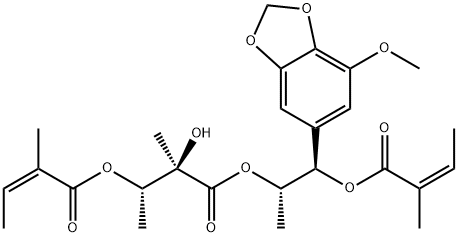 2-Butenoic acid, 2-methyl-, (1S,2R)-2-hydroxy-3-[(1S,2R)-2-(7-methoxy-1,3-benzodioxol-5-yl)-1-methyl-2-[[(2Z)-2-methyl-1-oxo-2-buten-1-yl]oxy]ethoxy]-1,2-dimethyl-3-oxopropyl ester, (2Z)-,920758-09-4,结构式