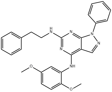4-N-(2,5-dimethoxyphenyl)-1-phenyl-6-N-(2-phenylethyl)pyrazolo[3,4-d]pyrimidine-4,6-diamine,921490-57-5,结构式