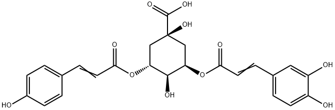 Cyclohexanecarboxylic acid, 3-[[3-(3,4-dihydroxyphenyl)-1-oxo-2-propen-1-yl]oxy]-1,4-dihydroxy-5-[[3-(4-hydroxyphenyl)-1-oxo-2-propen-1-yl]oxy]-, (1R,3R,4S,5R)-,921765-60-8,结构式