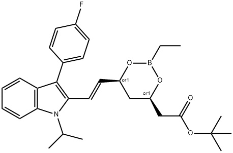 1,3,2-Dioxaborinane-4-acetic acid, 2-ethyl-6-[(1E)-2-[3-(4-fluorophenyl)-1-(1-methylethyl)-1H-indol-2-yl]ethenyl]-, 1,1-dimethylethyl ester, (4R,6S)-rel- Struktur