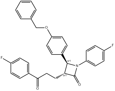 2-Azetidinone, 1-(4-fluorophenyl)-3-[3-(4-fluorophenyl)-3-oxopropyl]-4-[4-(phenylMethox y)phenyl]-, (3R,4S)-rel- 结构式