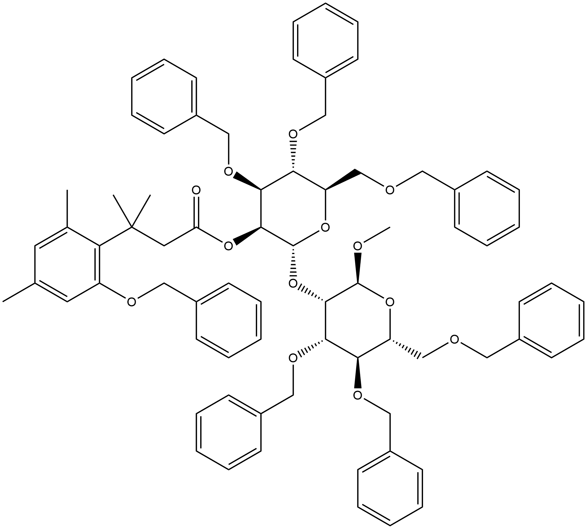 α-D-Mannopyranoside, methyl 2-O-[2-O-[3-[2,4-dimethyl-6-(phenylmethoxy)phenyl]-3-methyl-1-oxobutyl]-3,4,6-tris-O-(phenylmethyl)-α-D-mannopyranosyl]-3,4,6-tris-O-(phenylmethyl)- 化学構造式