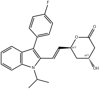 2H-Pyran-2-one, 6-[(1E)-2-[3-(4-fluorophenyl)-1-(1-methylethyl)-1H-indol-2-yl]ethenyl]tetrahydro-4-hydroxy-, (4R,6S)-rel- 化学構造式