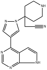 4-[4-(7H-pyrrolo[2,3-d]pyrimidin-4-yl)-1H-pyrazol-1-yl]hexahydropyridin-4-ylethanenitrile Struktur
