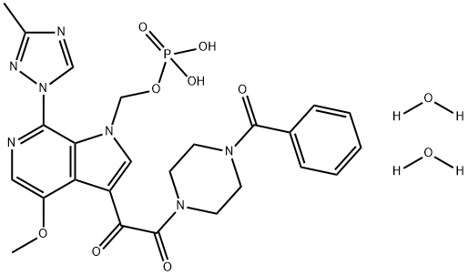 1,2-Ethanedione, 1-(4-benzoyl-1-piperazinyl)-2-[4-methoxy-7-(3-methyl-1H-1,2,4-triazol-1-yl)-1-[(phosphonooxy)methyl]-1H-pyrrolo[2,3-c]pyridin-3-yl]-, hydrate (1:2) Struktur