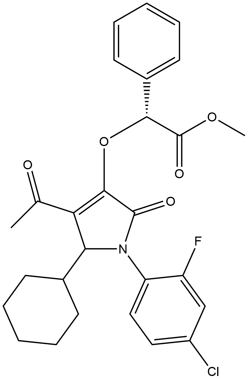 Benzeneacetic acid, α-[[(5R)-4-acetyl-1-(4-chloro-2-fluorophenyl)-5-cyclohexyl-2,5-dihydro-2-oxo-1H-pyrrol-3-yl]oxy]-, methyl ester, (αR)- 结构式