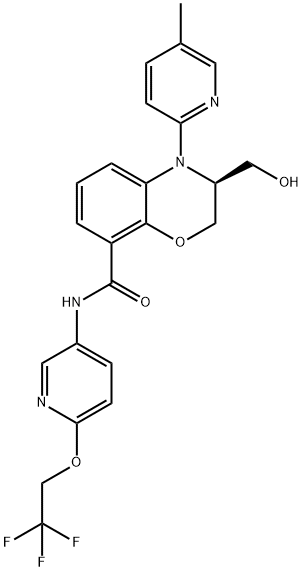2H-1,4-Benzoxazine-8-carboxamide, 3,4-dihydro-3-(hydroxymethyl)-4-(5-methyl-2-pyridinyl)-N-[6-(2,2,2-trifluoroethoxy)-3-pyridinyl]-, (3S)- Struktur