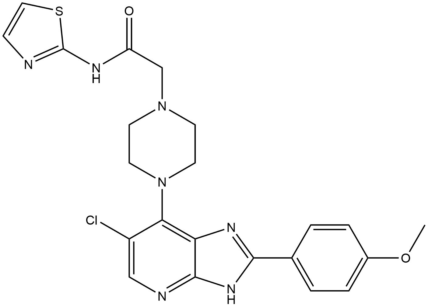 2-[4-[6-氯-2-(4-甲氧基苯基)-3H-咪唑并[4,5-B]吡啶-7-基]-1-哌嗪基]-N-(2-噻唑基)乙酰胺 结构式