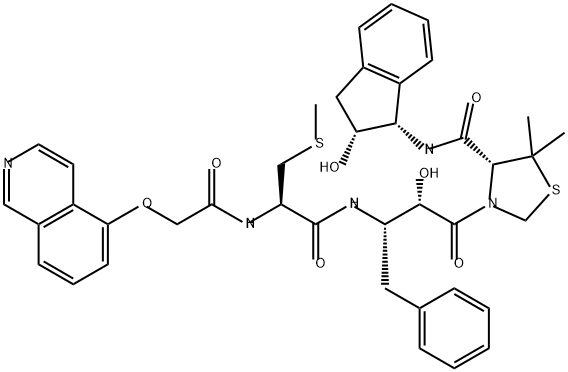 4-Thiazolidinecarboxamide, N-[(1S,2R)-2,3-dihydro-2-hydroxy-1H-inden-1-yl]-3-[(2S,3S)-2-hydroxy-3-[[(2R)-2-[[2-(5-isoquinolinyloxy)acetyl]amino]-3-(methylthio)-1-oxopropyl]amino]-1-oxo-4-phenylbutyl]-5,5-dimethyl-, (4R)- Struktur