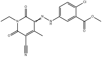 Benzoic acid, 2-?chloro-?5-?[2-?(5-?cyano-?1-?ethyl-?1,?6-?dihydro-?4-?methyl-?2,?6-?dioxo-?3(2H)?-?pyridinylidene)?hydrazinyl]?-?, methyl ester 化学構造式