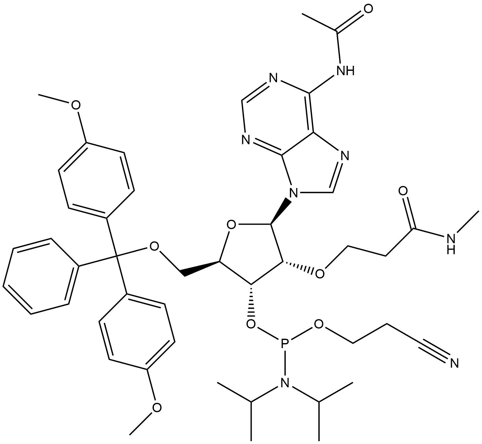 Adenosine, N-acetyl-5'-O-[bis(4-methoxyphenyl)phenylmethyl]-2'-O-[3-(methylamino)-3-oxopropyl]-, 3'-[2-cyanoethyl N,N-bis(1-methylethyl)phosphoramidite] Structure