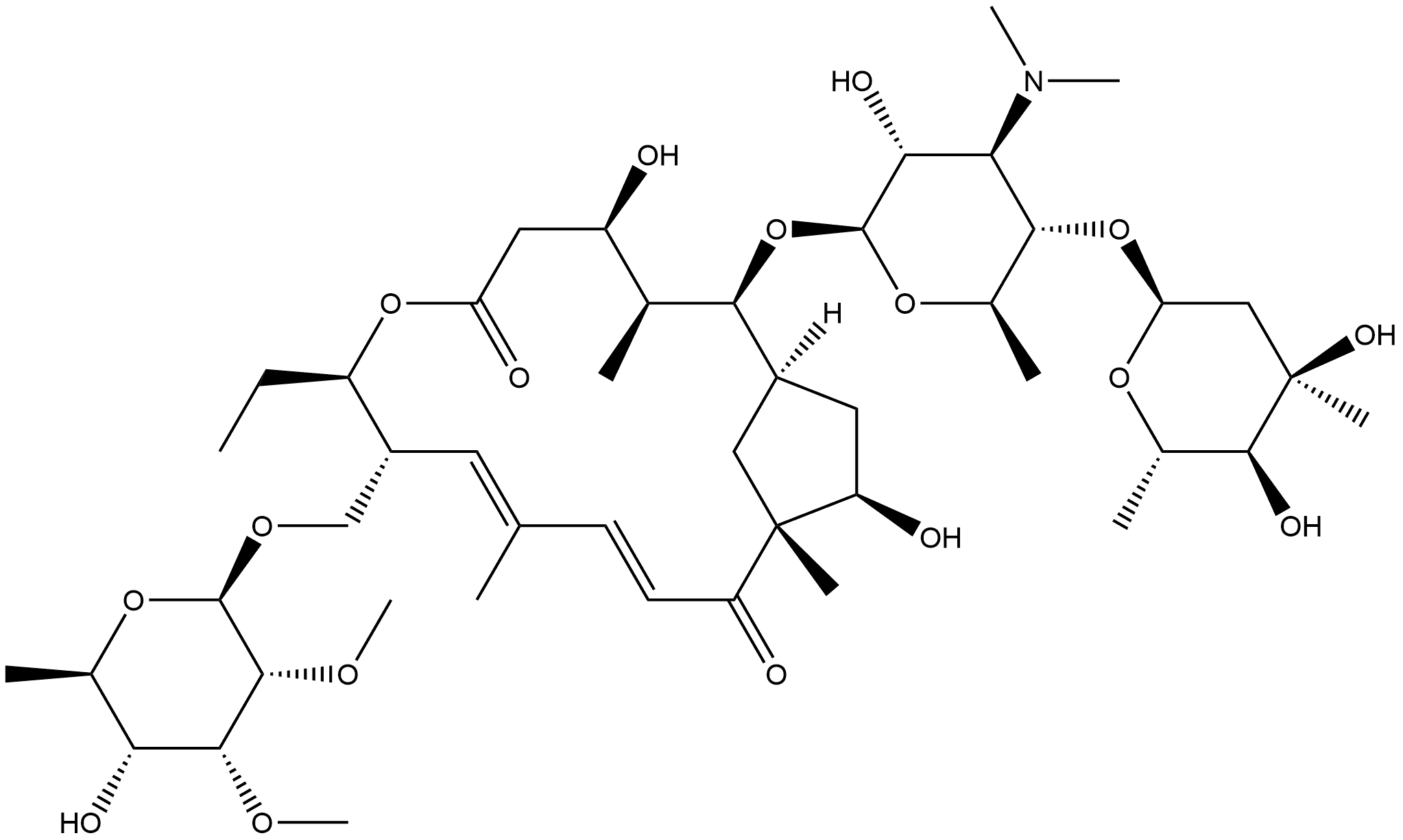 7-Oxabicyclo[13.2.1]octadeca-10,12-diene-6,14-dione, 9-[[(6-deoxy-2,3-di-O-methyl-β-D-allopyranosyl)oxy]methyl]-2-[[3,6-dideoxy-4-O-(2,6-dideoxy-3-C-methyl-α-L-ribo-hexopyranosyl)-3-(dimethylamino)-β-D-glucopyranosyl]oxy]-8-ethyl-4,16-dihydroxy-3,11,15-trimethyl-, (1R,2S,3S,4R,8R,9R,10E,12E,15R,16R)-,949916-92-1,结构式