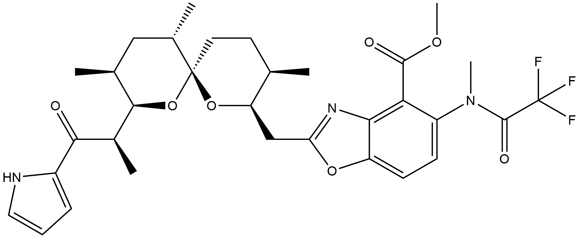 95015-27-3 4-Benzoxazolecarboxylic acid, 5-[methyl(trifluoroacetyl)amino]-2-[[3,9,11-trimethyl-8-[1-methyl-2-oxo-2-(1H-pyrrol-2-yl)ethyl]-1,7-dioxaspiro[5.5]undec-2-yl]methyl]-, methyl ester, [6S-[6α(2S*,3S*),8β(R*),9β,11α]]- (9CI)