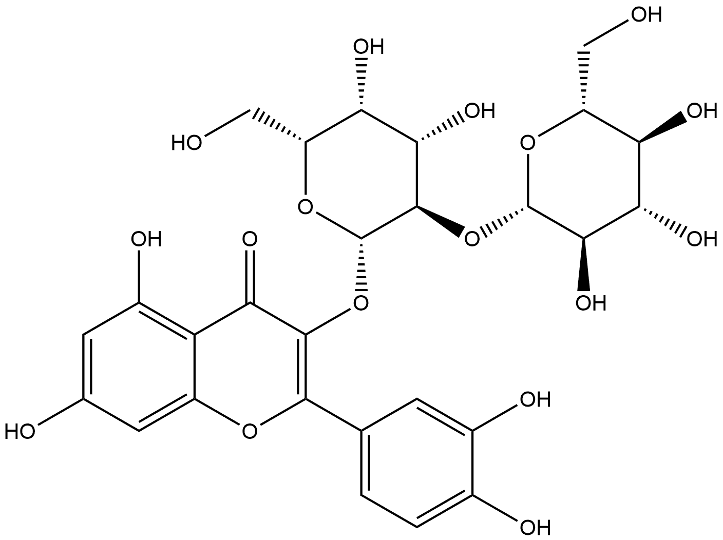 4H-1-Benzopyran-4-one, 2-(3,4-dihydroxyphenyl)-3-[(2-O-β-D-glucopyranosyl-β-D-galactopyranosyl)oxy]-5,7-dihydroxy- 化学構造式