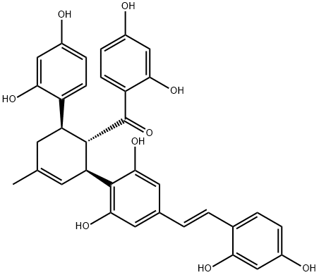 Methanone, (2,4-dihydroxyphenyl)[(1S,2S,6R)-6-(2,4-dihydroxyphenyl)-2-[4-[(1E)-2-(2,4-dihydroxyphenyl)ethenyl]-2,6-dihydroxyphenyl]-4-methyl-3-cyclohexen-1-yl]- 化学構造式