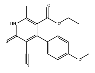 3-Pyridinecarboxylic acid, 5-cyano-1,6-dihydro-4-(4-methoxyphenyl)-2-methyl-6-thioxo-, ethyl ester 化学構造式