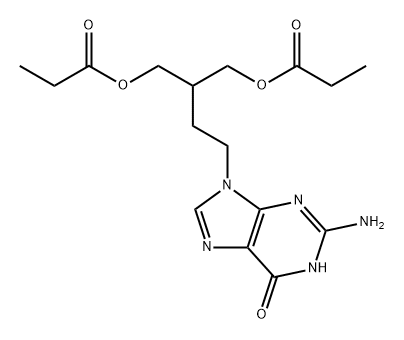 6H-Purin-6-one, 2-amino-1,9-dihydro-9-[4-(1-oxopropoxy)-3-[(1-oxopropoxy)methyl]butyl]- Struktur