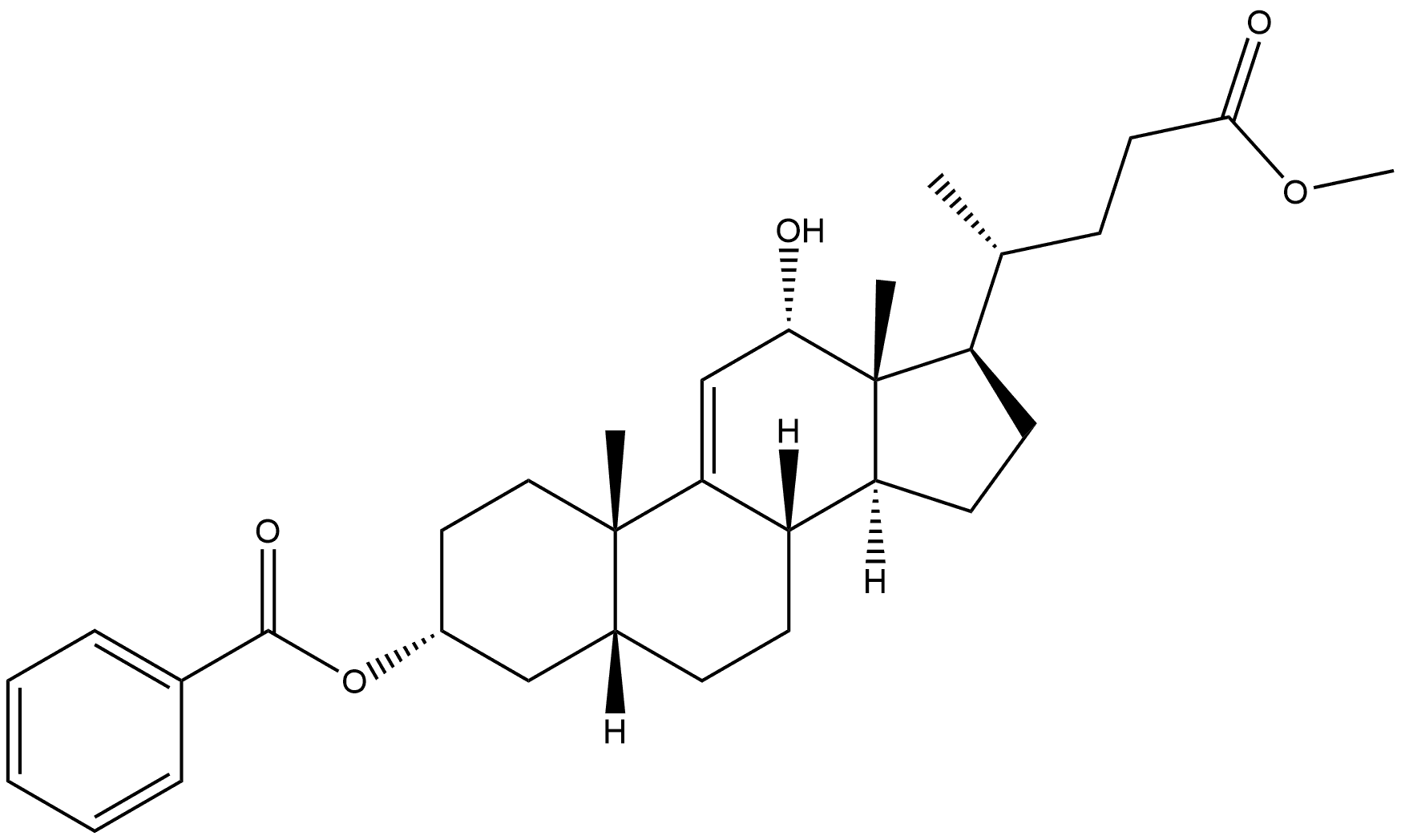 Chol-9(11)-en-24-oic acid, 3-(benzoyloxy)-12-hydroxy-, methyl ester, (3α,5β,12α)-,98621-30-8,结构式