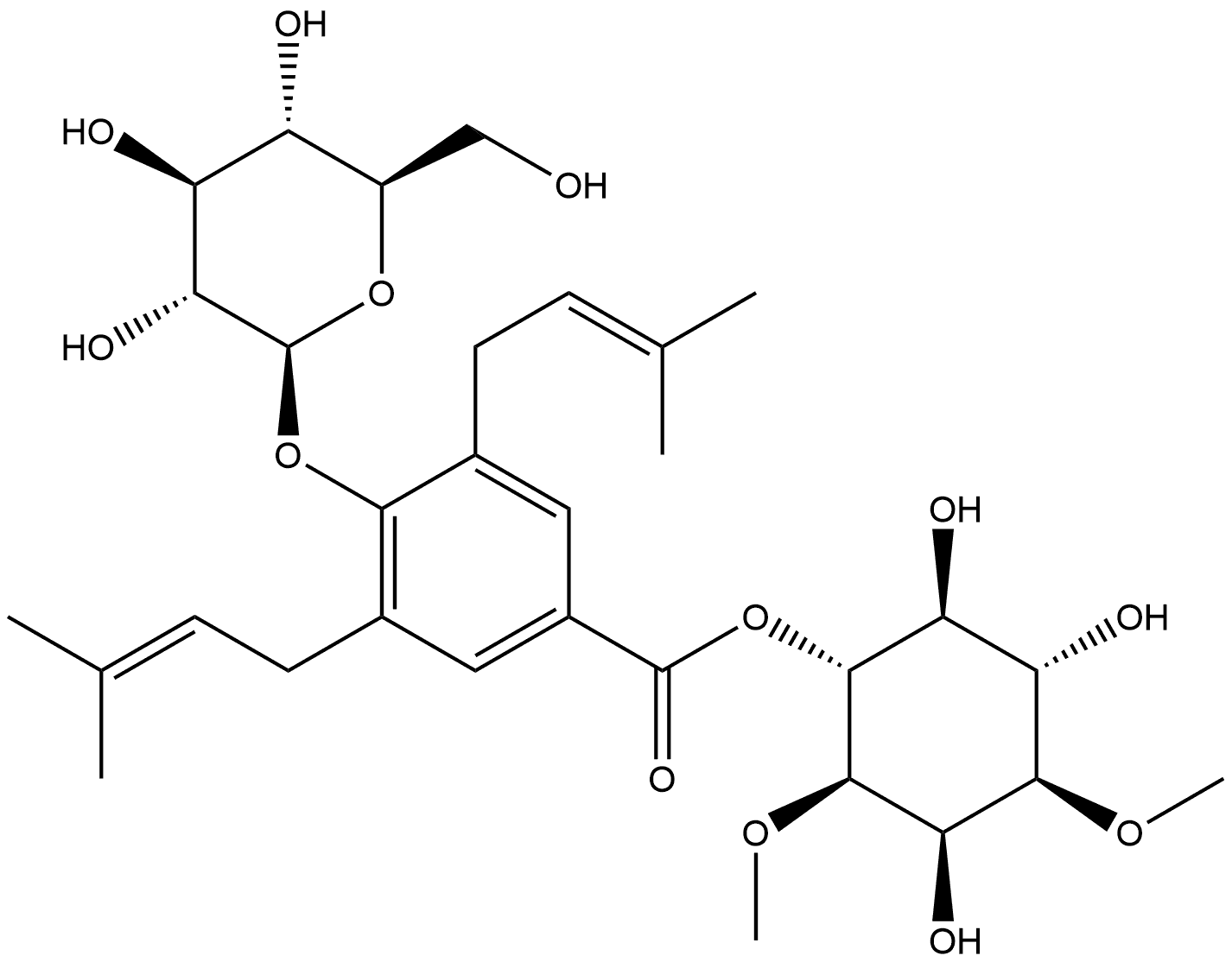 myo-Inositol, 1,3-di-O-methyl-, 4-[4-(β-D-glucopyranosyloxy)-3,5-bis(3-methyl-2-buten-1-yl)benzoate]