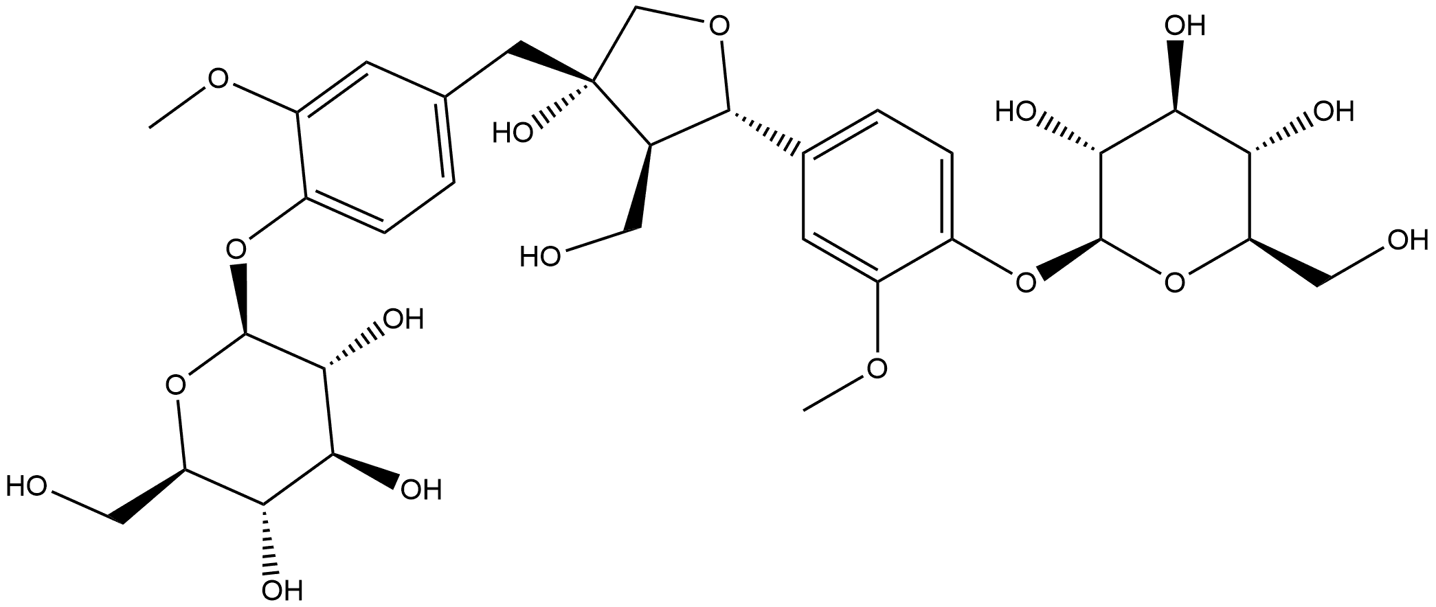 β-D-Glucopyranoside, 4-[(2S,3R,4S)-4-[[4-(β-D-glucopyranosyloxy)-3-methoxyphenyl]methyl]tetrahydro-4-hydroxy-3-(hydroxymethyl)-2-furanyl]-2-methoxyphenyl 结构式