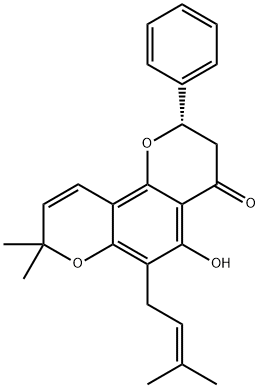 (2S)-2,3-ジヒドロ-5-ヒドロキシ-8,8-ジメチル-2α-フェニル-6-(3-メチル-2-ブテニル)-4H,8H-ベンゾ[1,2-b:3,4-b']ジピラン-4-オン 化学構造式