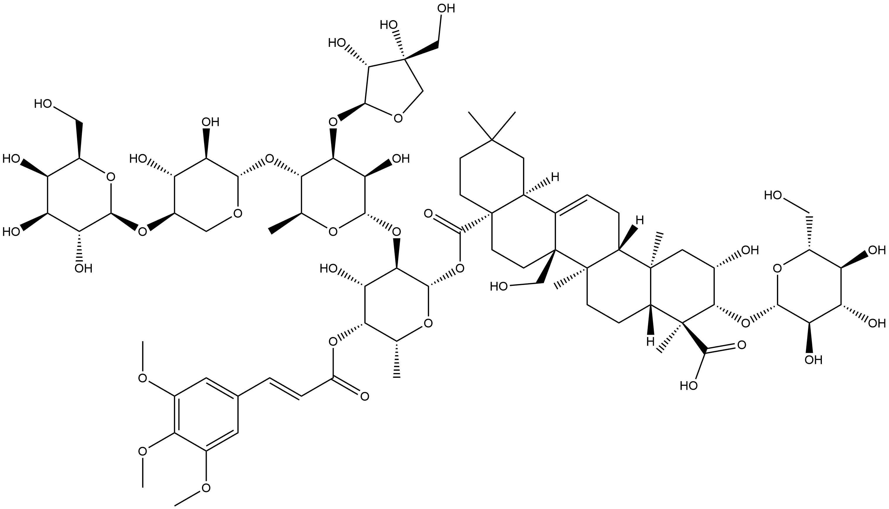 Olean-12-ene-23,28-dioic acid, 3-(β-D-glucopyranosyloxy)-2,27-dihydroxy-, 28-[O-β-D-galactopyranosyl-(1→4)-O-β-D-xylopyranosyl-(1→4)-O-[D-apio-β-D-furanosyl-(1→3)]-O-6-deoxy-α-L-mannopyranosyl-(1→2)-6-deoxy-4-O-[(2E)-1-oxo-3-(3,4,5-trimethoxyphenyl)-2-propen-1-yl]-β-D-galactopyranosyl] ester, (2β,3β... 结构式