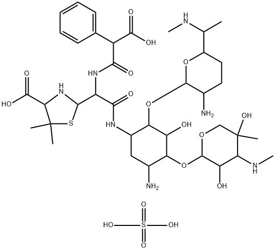 D-Streptamine, O-2-amino-2,3,4,6,7-pentadeoxy-6-(methylamino)-α-D-ribo-heptopyranosyl-(1→4)-O-[3-deoxy-4-C-methyl-3-(methylamino)-β-L-arabinopyranosyl-(1→6)]-N3-[(4-carboxy-5,5-dimethyl-2-thiazolidinyl)[(carboxyphenylacetyl)amino]acetyl]-2-deoxy-, sulfate (salt), disodium salt (9CI) Structure