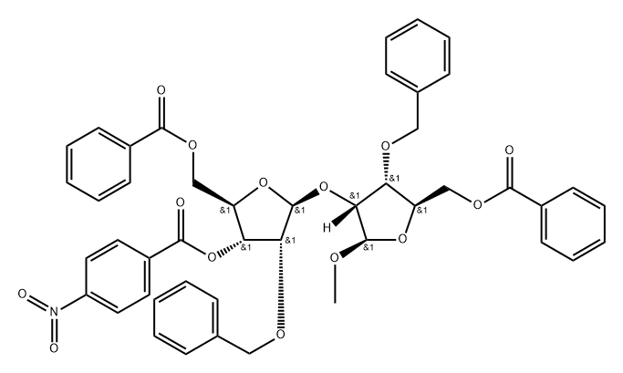 β-D-Ribofuranoside, methyl 2-O-[5-O-benzoyl-3-O-(4-nitrobenzoyl)-2-O-(phenylmethyl)-β-D-ribofuranosyl]-3-O-(phenylmethyl)-, 5-benzoate Struktur