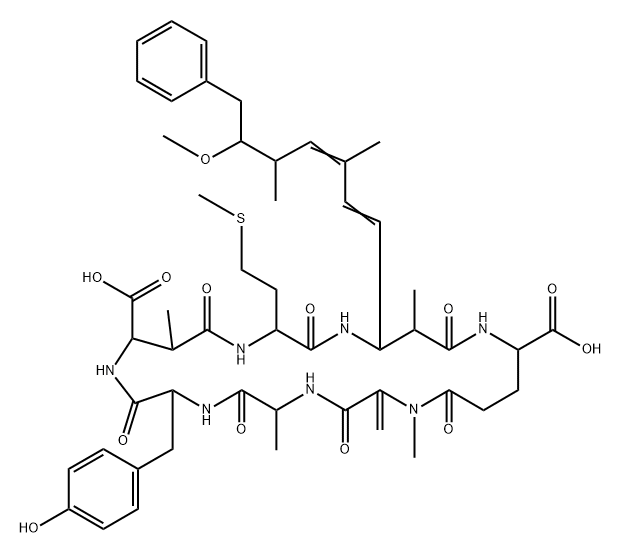 シクロ[D-Ala-L-Tyr-[(3S)-3-メチル-D-βAsp-]-L-Met-[(2S,3S)-2-メチル-3-[(1E,3E,5S,6S)-3,5-ジメチル-6-メトキシ-7-フェニル-1,3-ヘプタジエニル]-βAla-]-L-γGlu-N-メチル-2-メチレン-Gly-] 化学構造式